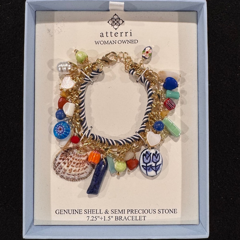 Atterri Genuine Shell & Semi Precious Stone Charm Bracelet 7.25"+Extender